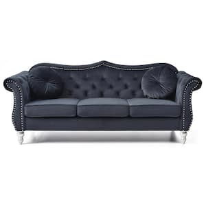 Hollywood 82 in. Round Arm Velvet Rectangle Tufted Straight Sofa in Black