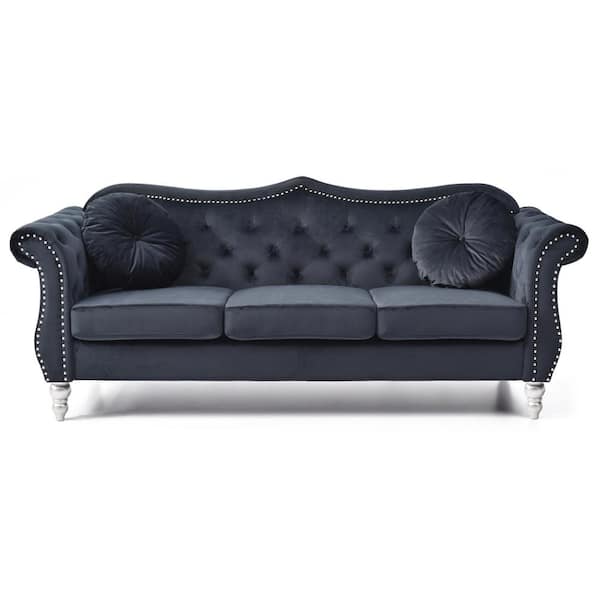 AndMakers Hollywood 82 in. Round Arm Velvet Rectangle Tufted Straight Sofa in Black