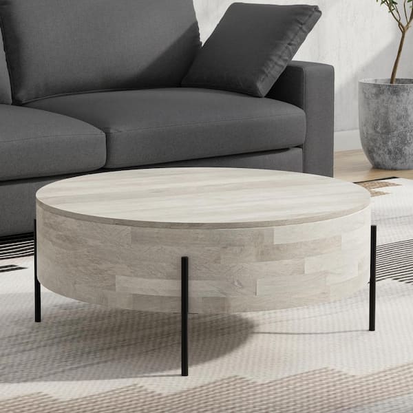 Simpli Home Rayburn 38 in. White Wash Wide Round Modern Urban Drum Solid Mango Wood Coffee Table