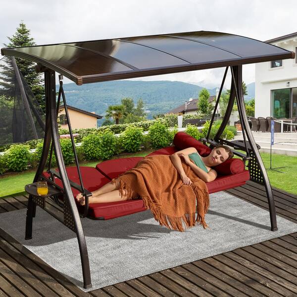 3 Seat Black Steel Patio Freestanding Porch Swing Bench Chair with Red Cushion and PVC Hardtop Canopy