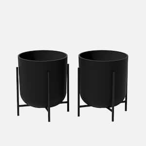 Kona 15 in. Raised with Stand Black Plastic Round Planter with Black Stand (2-Pack)