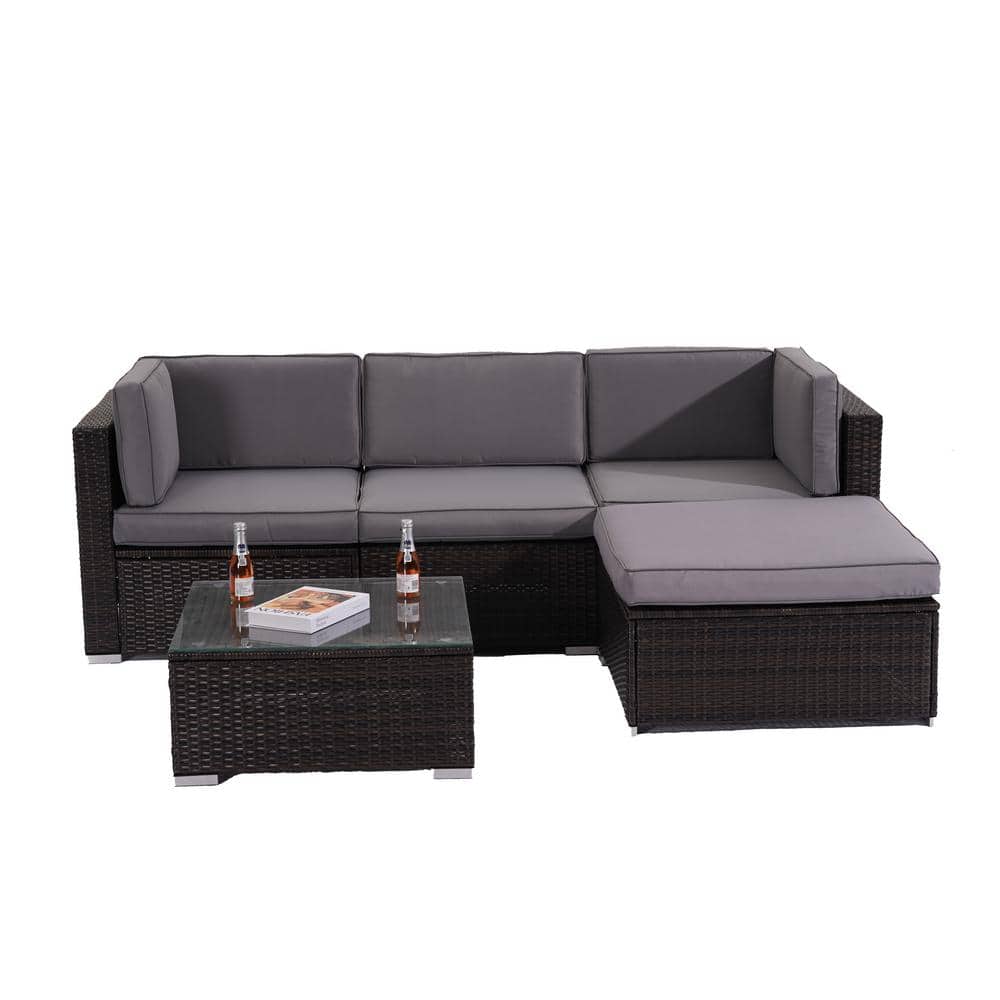 5-Piece Wicker Outdoor Sectional Sofa Set with Gray Cushions