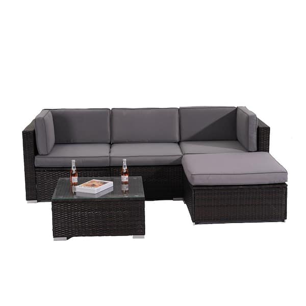 Unbranded 5-Piece Wicker Outdoor Sectional Sofa Set with Gray Cushions