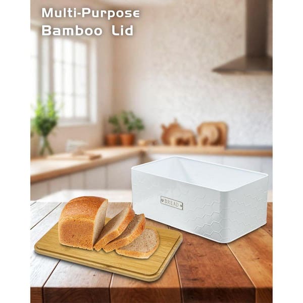 Lynzavix 1-Piece White Metal Bread Box with Bamboo Cutting Board