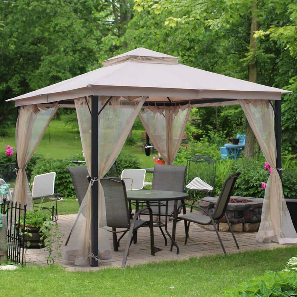 10x10 Beige Metal Patio Gazebo with Canopy and Curtains