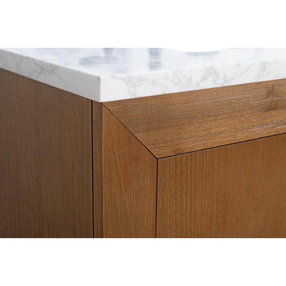 36" Tan Poplar Wood Bathroom Vanity with White Marble Top