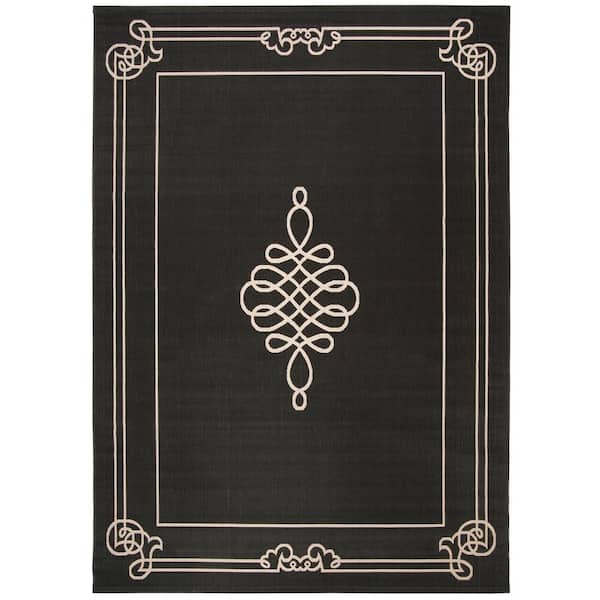 Courtyard Black/Creme 8 ft. x 10 ft. Ornate Border Medallion Indoor/Outdoor Area Rug