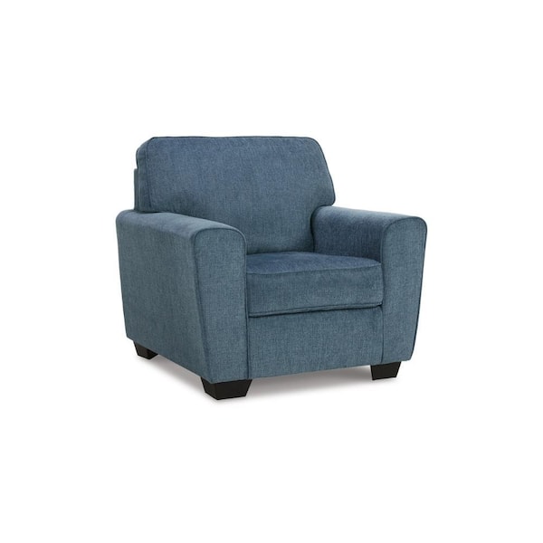 Benjara Blue and Black Polyester Arm Chair with Attached Back and Loose Cushioned Seat