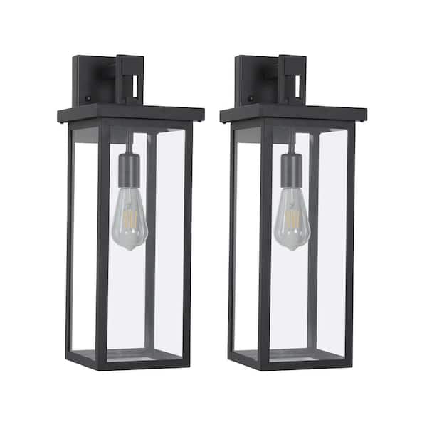 Zeus & Ruta Black Metal Outdoor Wall Lanterns with Clear Glass for Porch, Garage, Entryway Lighting, E26 Bulb Compatible, (Set of 2)