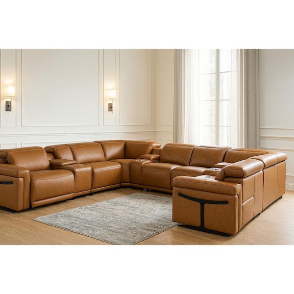 172.00 in. Square Arm 10 piece Leather U-Shaped Sectional Sofa in Brown