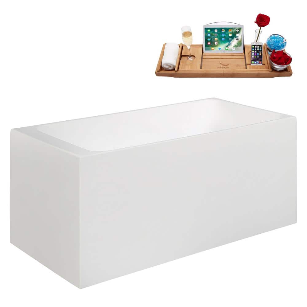 51" Glossy White Acrylic Freestanding Soaking Bathtub with Bamboo Tray