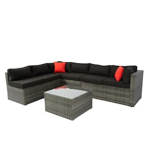 Large 5-Piece Gray PE Rattan Wicker Outdoor Couch with Black Cushions, U Sofa Set with Coffee Table and 2 Pillows
