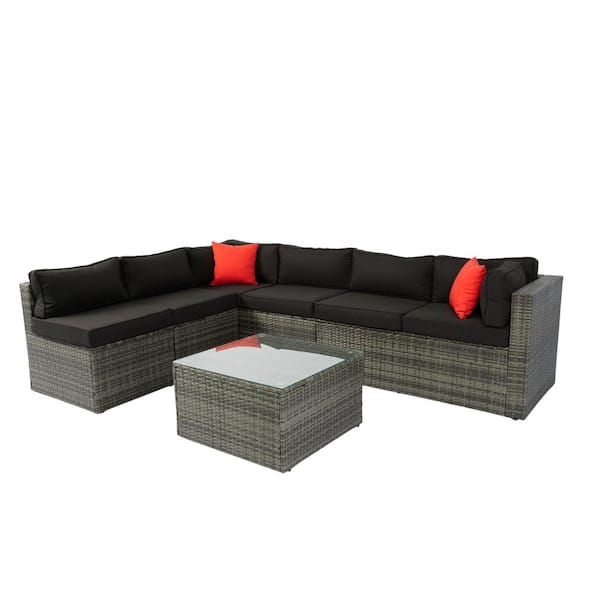 Unbranded Large 5-Piece Gray PE Rattan Wicker Outdoor Couch with Black Cushions, U Sofa Set with Coffee Table and 2 Pillows