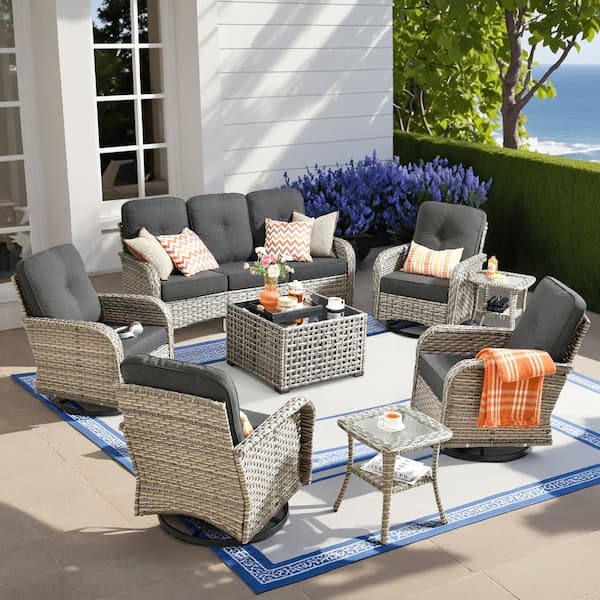 Vinceny Gray 8-Piece Wicker Patio Conversation Set with Black Cushions and Coffee Table