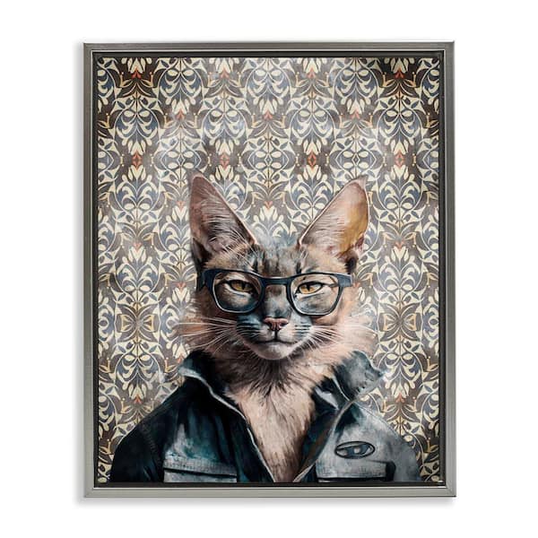 Stupell Industries Wild Cat on Damask by Svetlana Aleynikova Gray Floater Frame Animal Graphic Art Print 21 in. x 17 in.