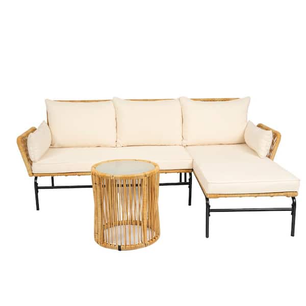 Boosicavelly 3-Pieces Patio Wicker Furniture Outdoor Sectional Set with Table and Creme Cushion