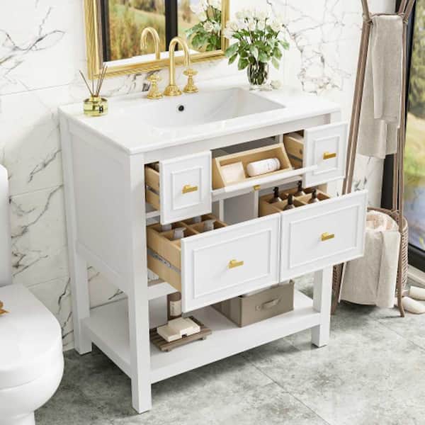 30 in. Freestanding White Bath Vanity with White Ceramic Sink Top Combo, 5 Drawers and Solid Wood Frame