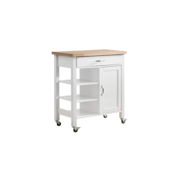 Sunjoy Greenwich White Body with Wood Top Kitchen Cart with 1 Drawer 1 Cabinet and 3 Shelves