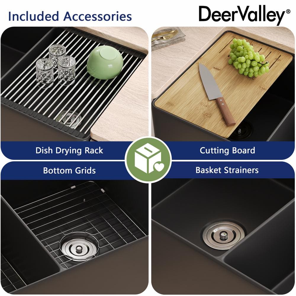 33" Black Fireclay Double Bowl Farmhouse Kitchen Sink with Accessories