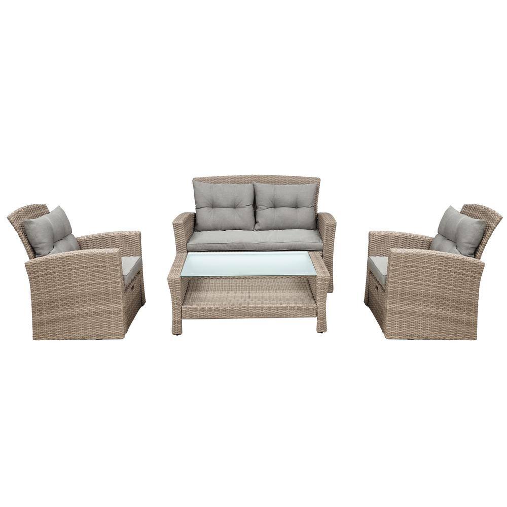 4-Piece Wicker Patio Conversation Set with Gray Cushions