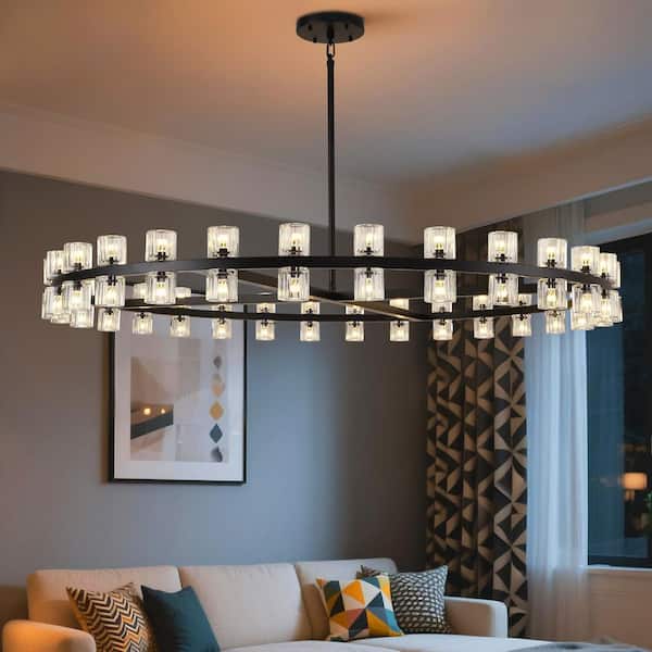 60 lights 61 in. Black Wagon Wheel Chandelier, Crystal Round Chandelier for Dining Room, Living Room, Kitchen, Foyer