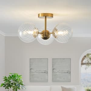 14.57 in. 3-Light Gold Modern/Contemporary Semi-Flush Mount Ceiling Light with Globe Clear Seeded Glass