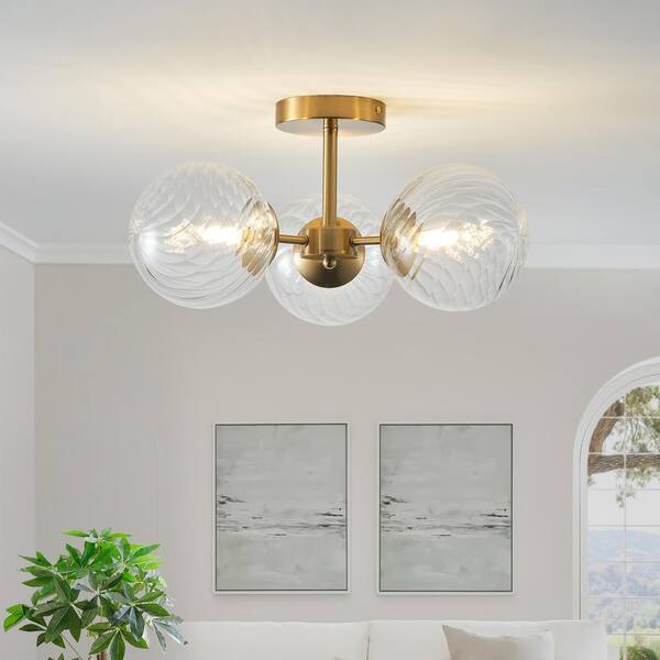 GoYeel 14.57 in. 3-Light Gold Modern/Contemporary Semi-Flush Mount Ceiling Light with Globe Clear Seeded Glass
