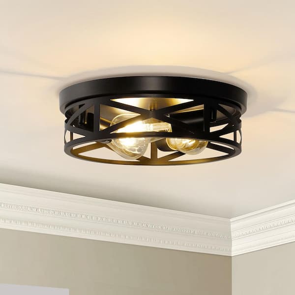 13 in. 3-Light Black Metal Drum Ceiling Light for Living Room