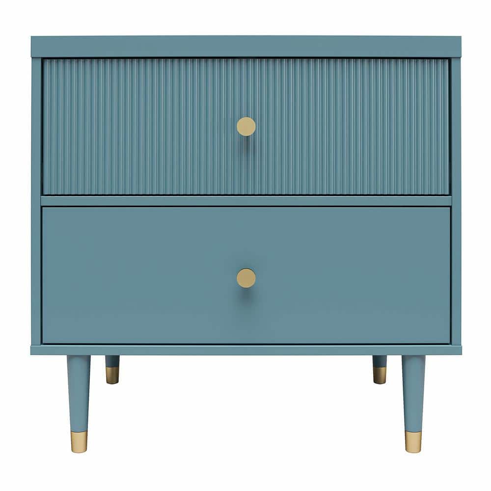 Smoke Blue 2-Drawer Nightstand with Gold Accents