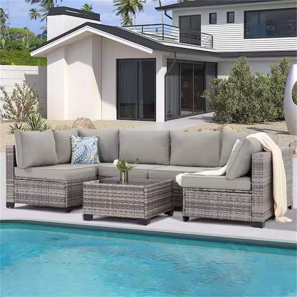 7-Piece Gray Wicker Modular Outdoor Sectional Patio Furniture Conversation 