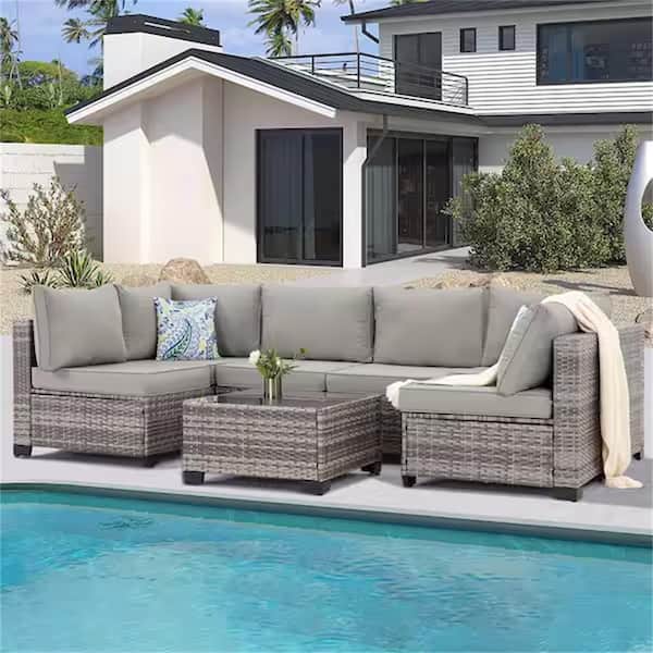 Unbranded 7-Piece Gray Wicker Modular Outdoor Sectional Patio Furniture Conversation Set with Gray Cushions