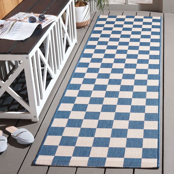 Courtyard 2 ft. x 8 ft. Blue/Beige Checkered Indoor/Outdoor Runner Rug
