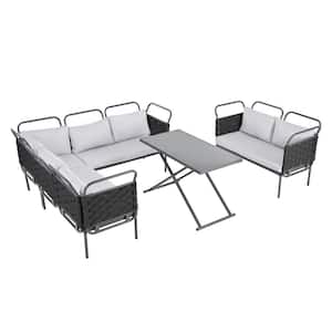 5-Piece Black Metal Woven Rope Patio Outdoor Sectional Sofa Set with Glass Table and GrayCushions
