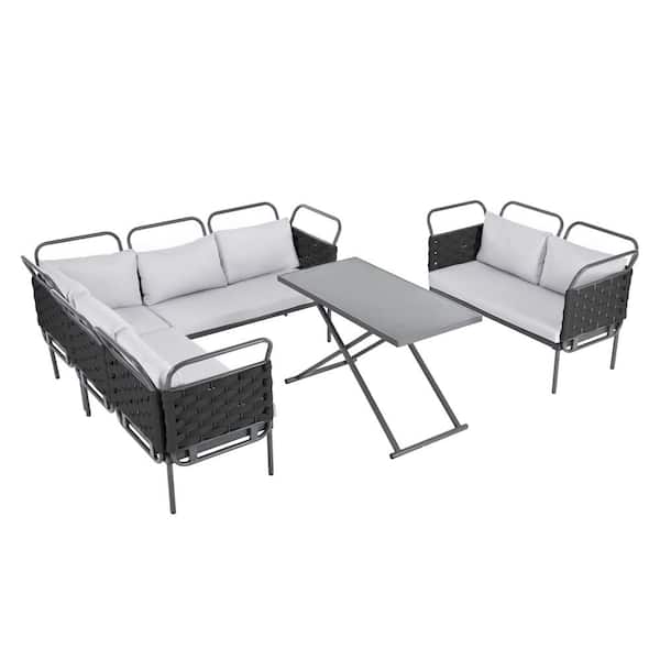 Unbranded 5-Piece Black Metal Woven Rope Patio Outdoor Sectional Sofa Set with Glass Table and GrayCushions
