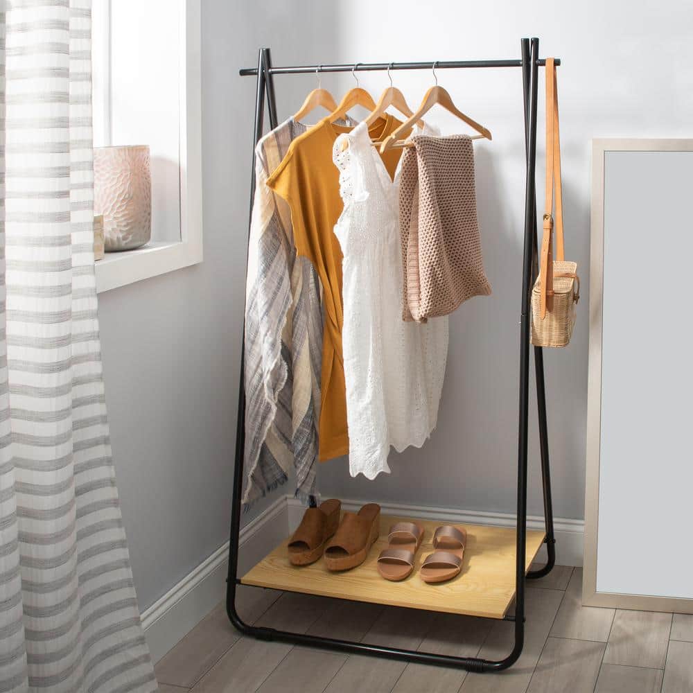 Black Metal Garment Rack with Light Brown Wooden Shelf