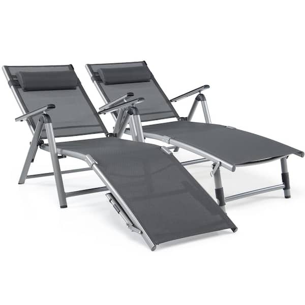 Gymax 2-Piece  Patio Lounge Chair Rustproof Aluminum Folding Chaise  with Adjustable Backrest and  Footrest
