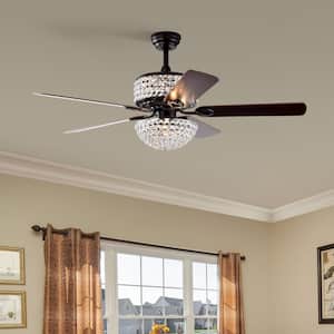 52 in. Indoor Matte Black Crystal Modern Ceiling Fan with Remote Control, 5 Reversible Blades and AC motor, no Bulb