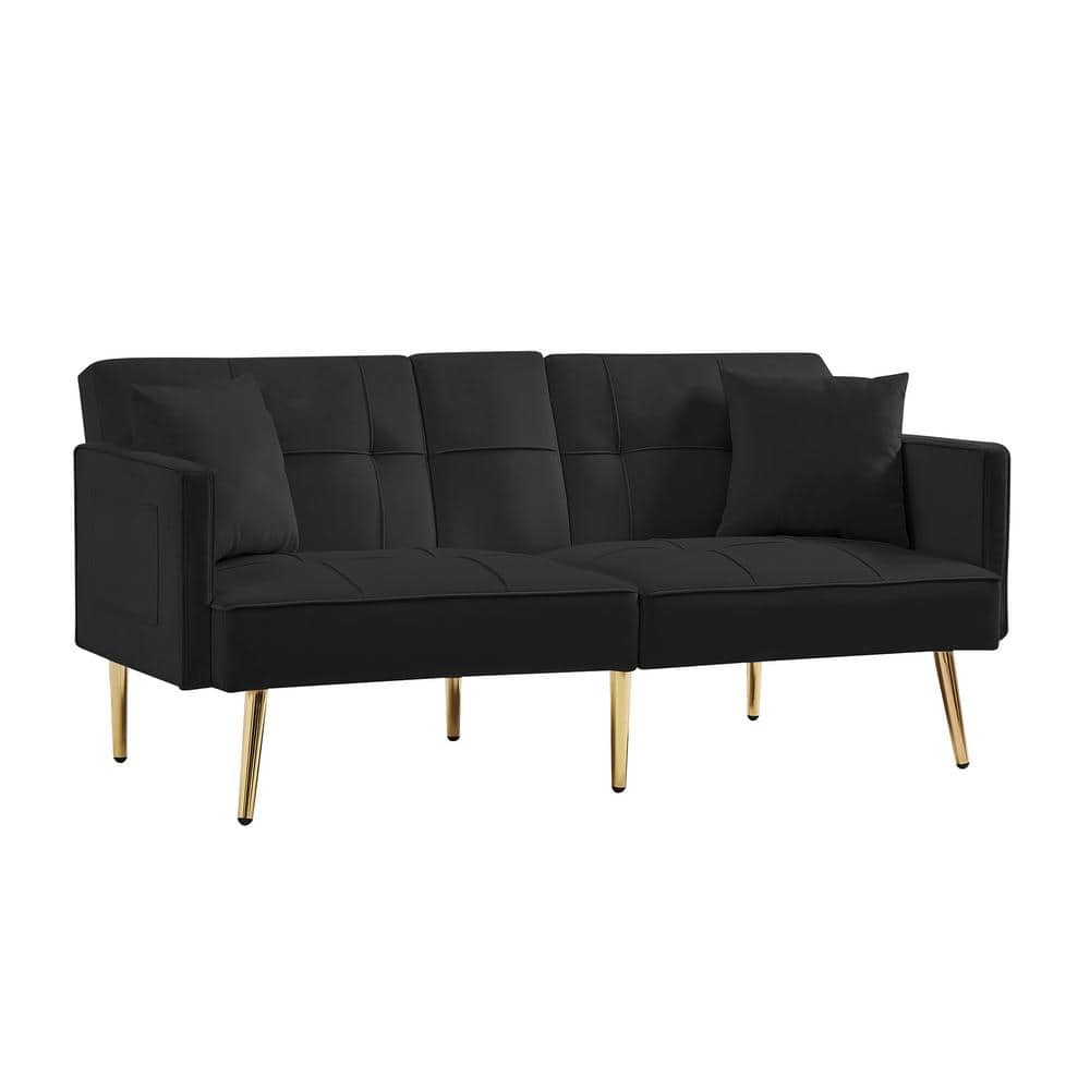 ANBAZAR Black Tufted Velvet Futon Sofa Bed with 2-cup holders YH-0026B ...