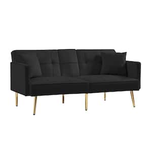 Black Tufted Velvet Futon Sofa Bed with 2-cup holders