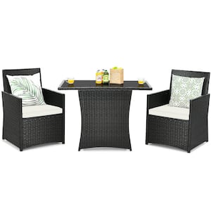 3-Piece Wicker Patio Conversation Set with White Cushions and Glass-top Table