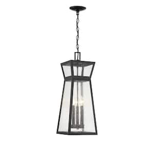Millford 9 in. W x 23.5 in. H 3-Light Matte Black Outdoor Pendant Light with Seedy Glass Panes