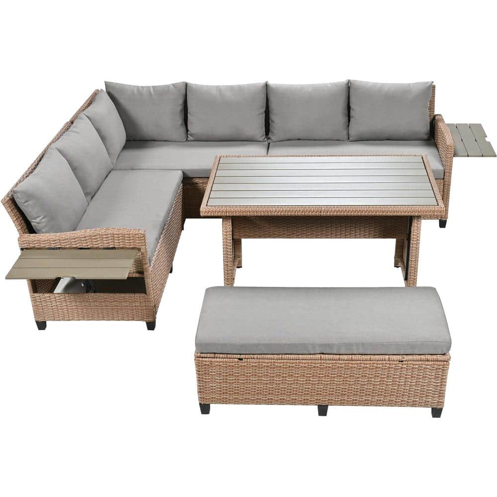 5-Piece PE Wicker Outdoor Patio Rattan Sectional Set, L-Shaped Sofa Set wit