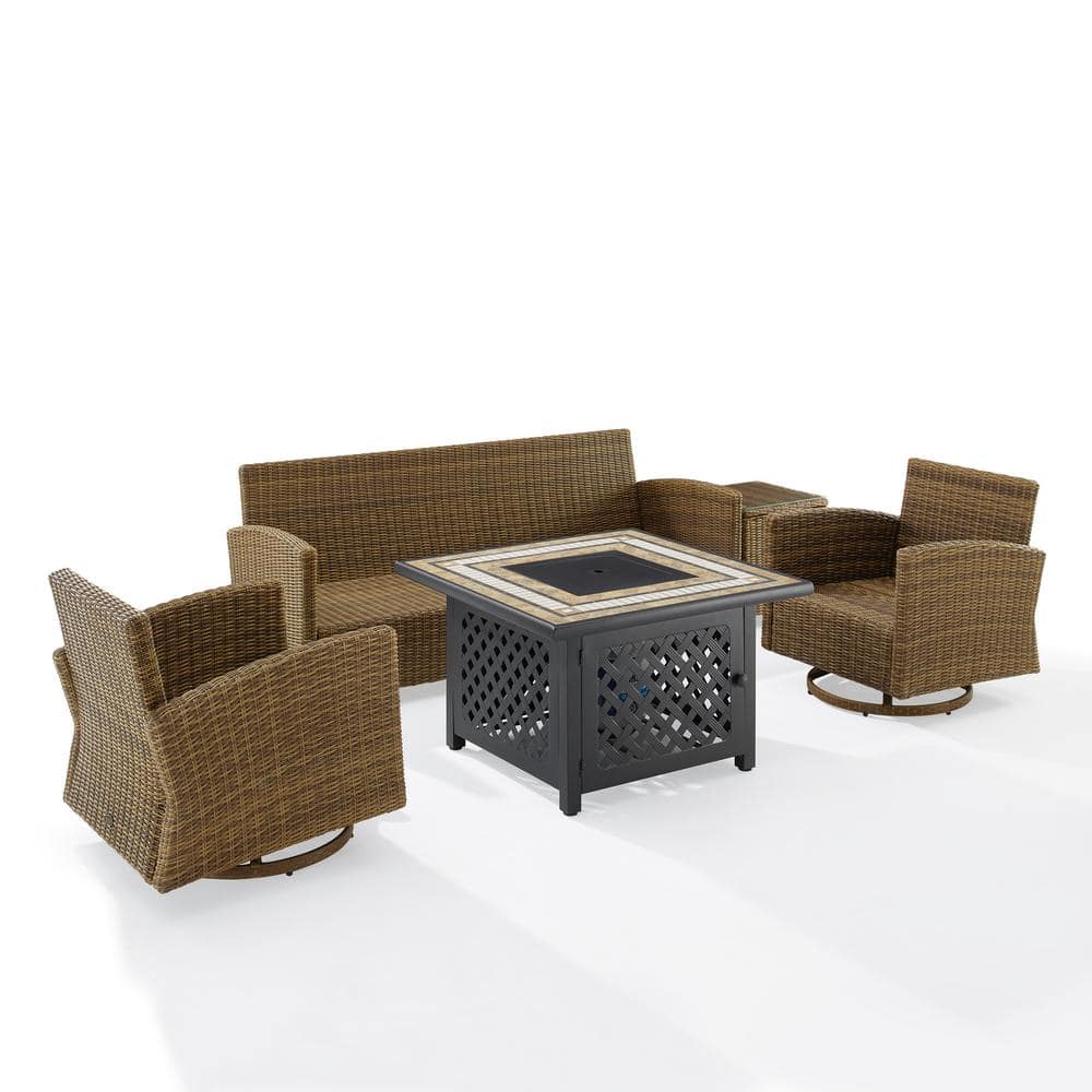 Bradenton 5Pc Outdoor Sofa Set with Swivel Rockers & Fire Table in Sunbrella White