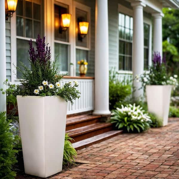 MPG 30 in. H Composite Tall Tapered Square Planter in Light Aged White