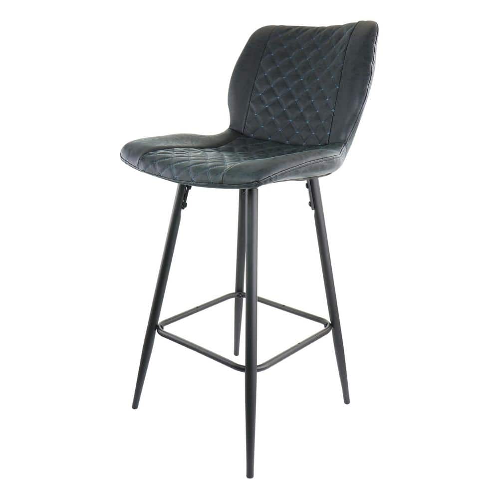 Diamond Stitched Black Faux Leather Bar Stools with Metal Legs