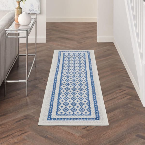 Whimsicle Ivory Blue 2 ft. x 6 ft. Geometric Contemporary Kitchen Runner Area Rug