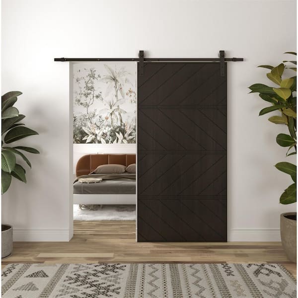 42 in. x 84 in. Wood Panel Textured, MDF and PVC Covering, Black, Finished Barn Door Slab with Barn Door Hardware