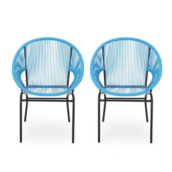 Blue Metal Rattan Outdoor Lounge Chairs, Patio Weave Club Chairs
