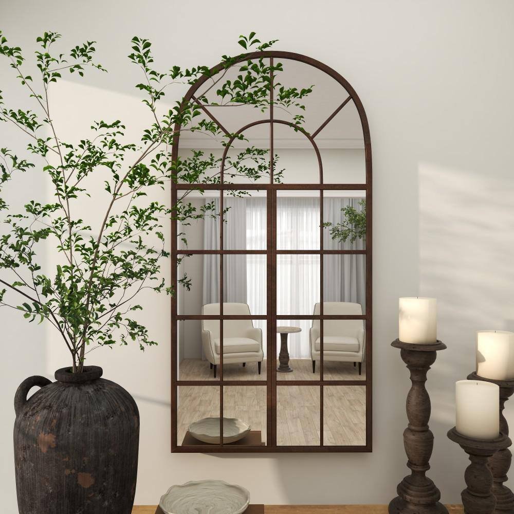 Espresso Brown Arched Windowpane Wall Mirror 24" x 48"