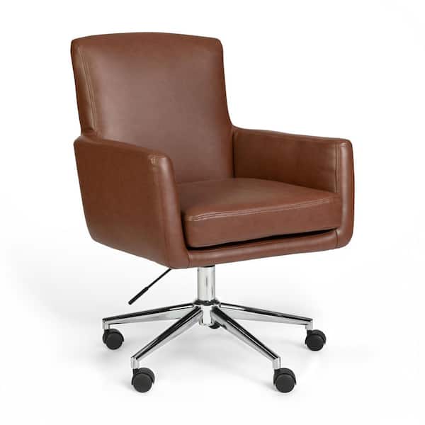 Zaya Faux Leather Swivel Office Chair in Saddle Brown/Polished Nickel with Arms